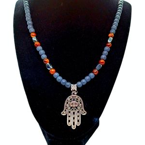 Silver hamsa beaded necklace